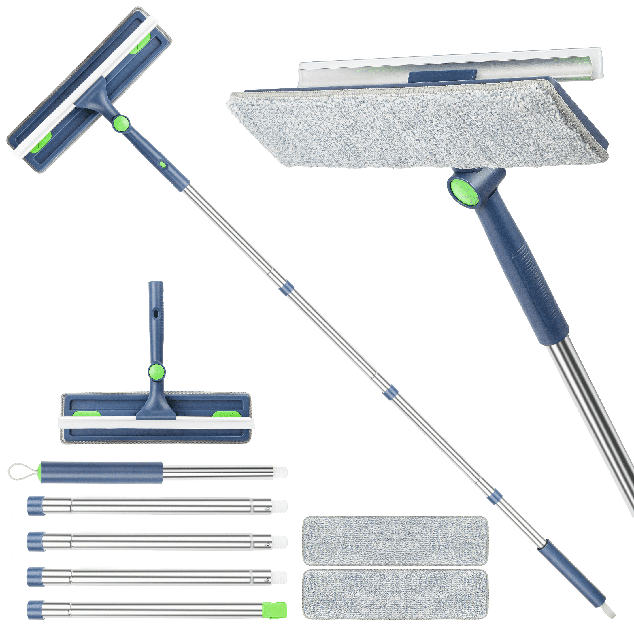SUGARDAY Window Squeegee Cleaner Tool with Long Handle for Floor Bathroom Shower Cleaning 63 Inches, 2-IN-1 12inch Window squeegee with 2 Scrubber Mop Pads