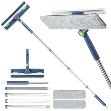 SUGARDAY Window Squeegee Cleaner Tool with Long Handle for Floor Bathroom Shower Cleaning 63 Inches, 2-IN-1 12inch Window squeegee with 2 Scrubber Mop Pads
