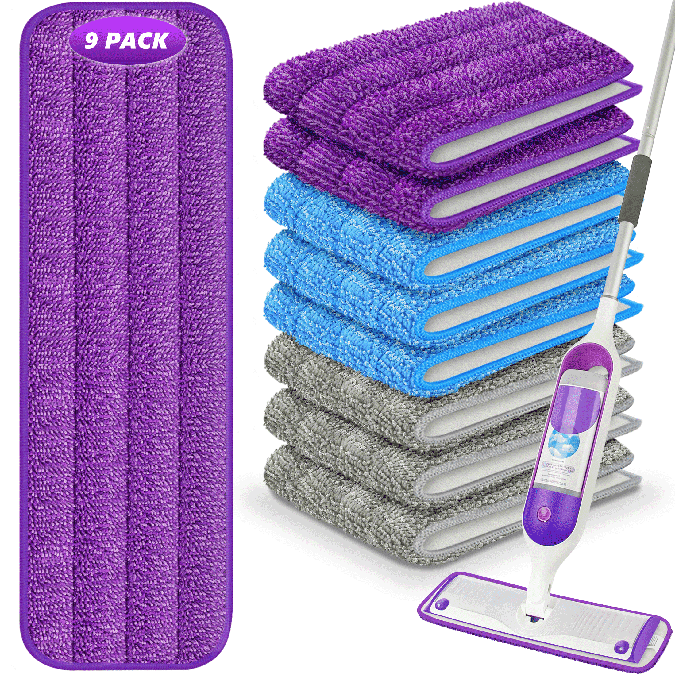 SUGARDAY 9 Pack Reusable Mop Pad Refill for Power Mop, Washable Wet Pad Refills Replacement for Multi-Surface Floor Cleaning