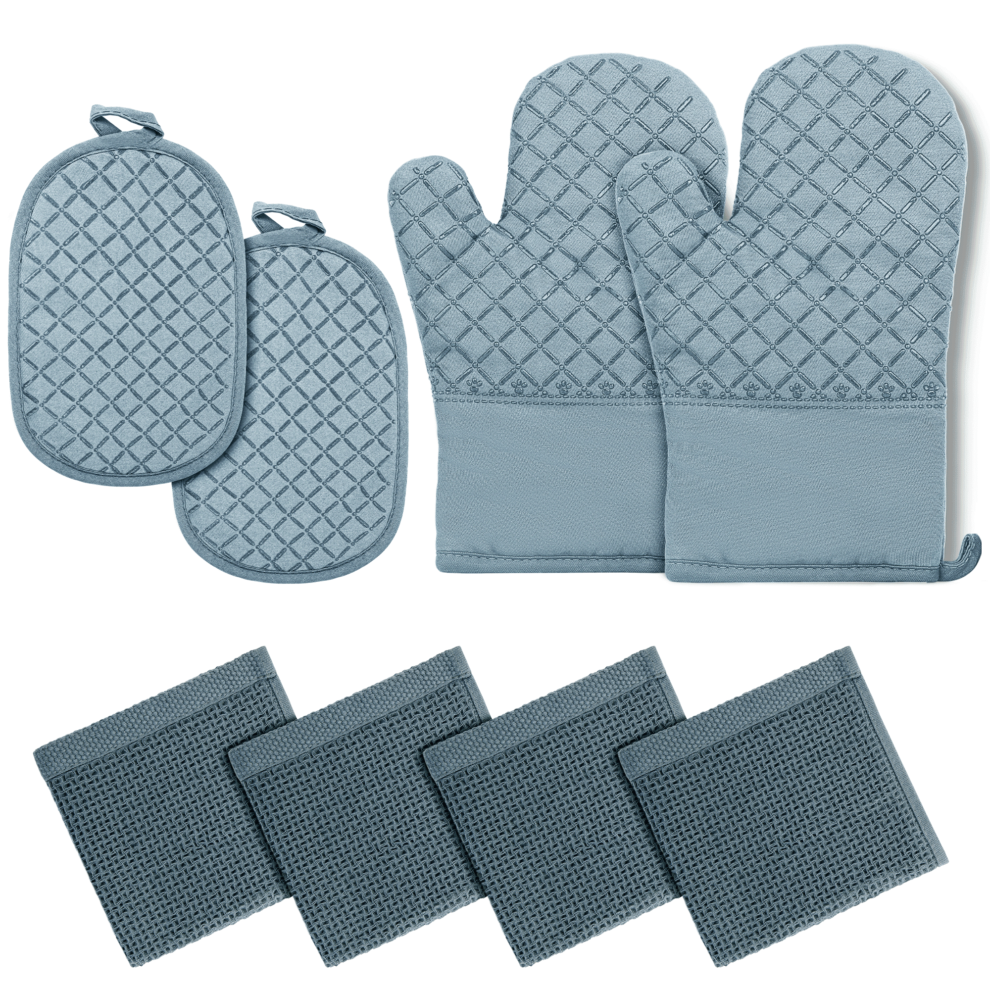 SUGARDAY Oven Mitts Kitchen Towels Dishcloths with Pot Holders Sets 8PCS, Dish Towels Sets Oven Gloves Pot Pads for Kitchen Heat Resistant with Non-Slip Silicone Surface for Baking Cooking Blue