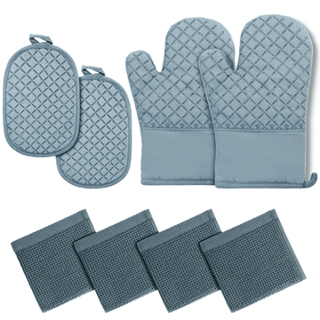 SUGARDAY Oven Mitts Kitchen Towels Dishcloths with Pot Holders Sets 8PCS, Dish Towels Sets Oven Gloves Pot Pads for Kitchen Heat Resistant with Non-Slip Silicone Surface for Baking Cooking Blue