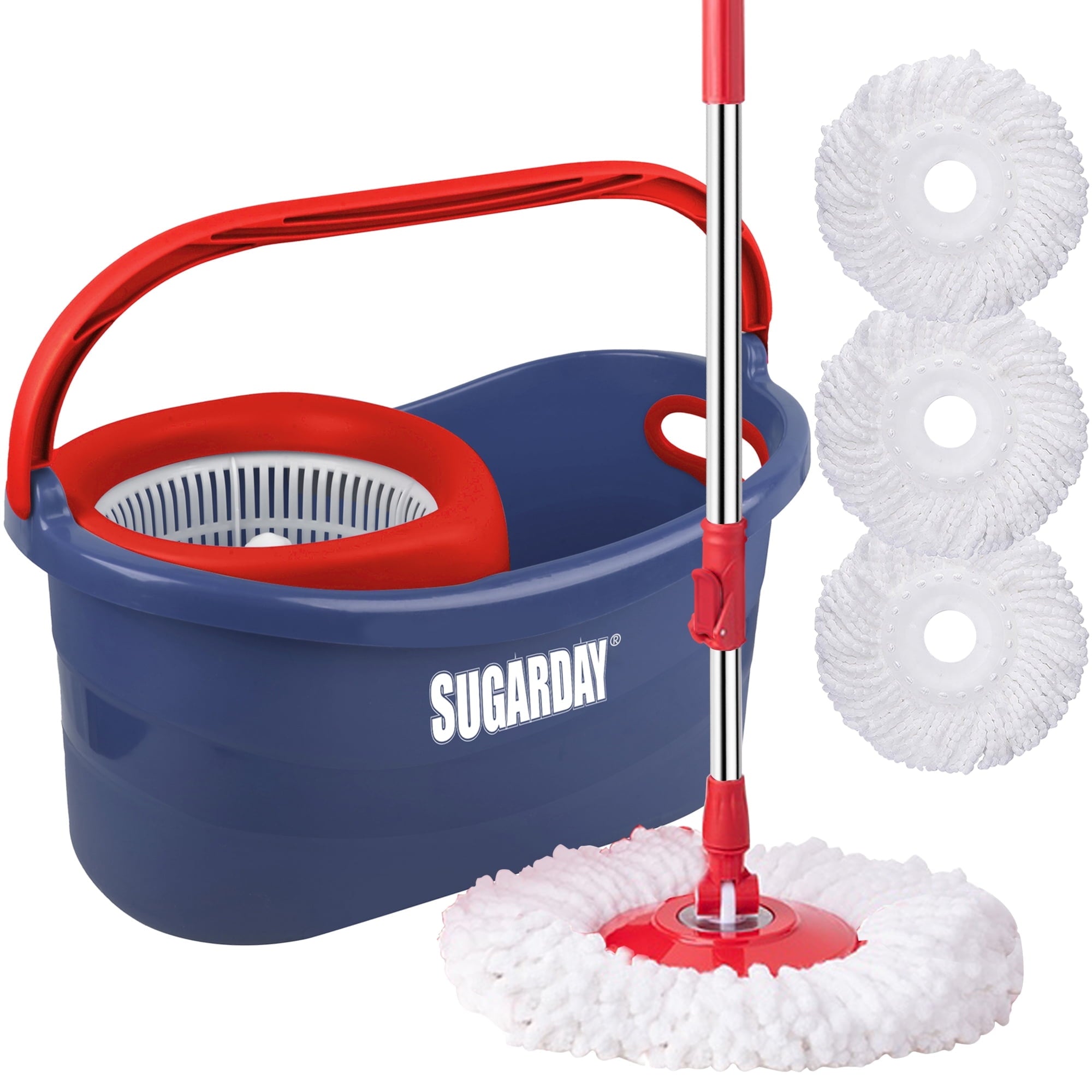SUGARDAY Spin Mop and Bucket System with Wringer Set for Floors with 3 Microfiber Mop Heads, Blue