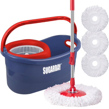 SUGARDAY Spin Mop and Bucket System with Wringer Set for Floors with 3 Microfiber Mop Heads, Blue