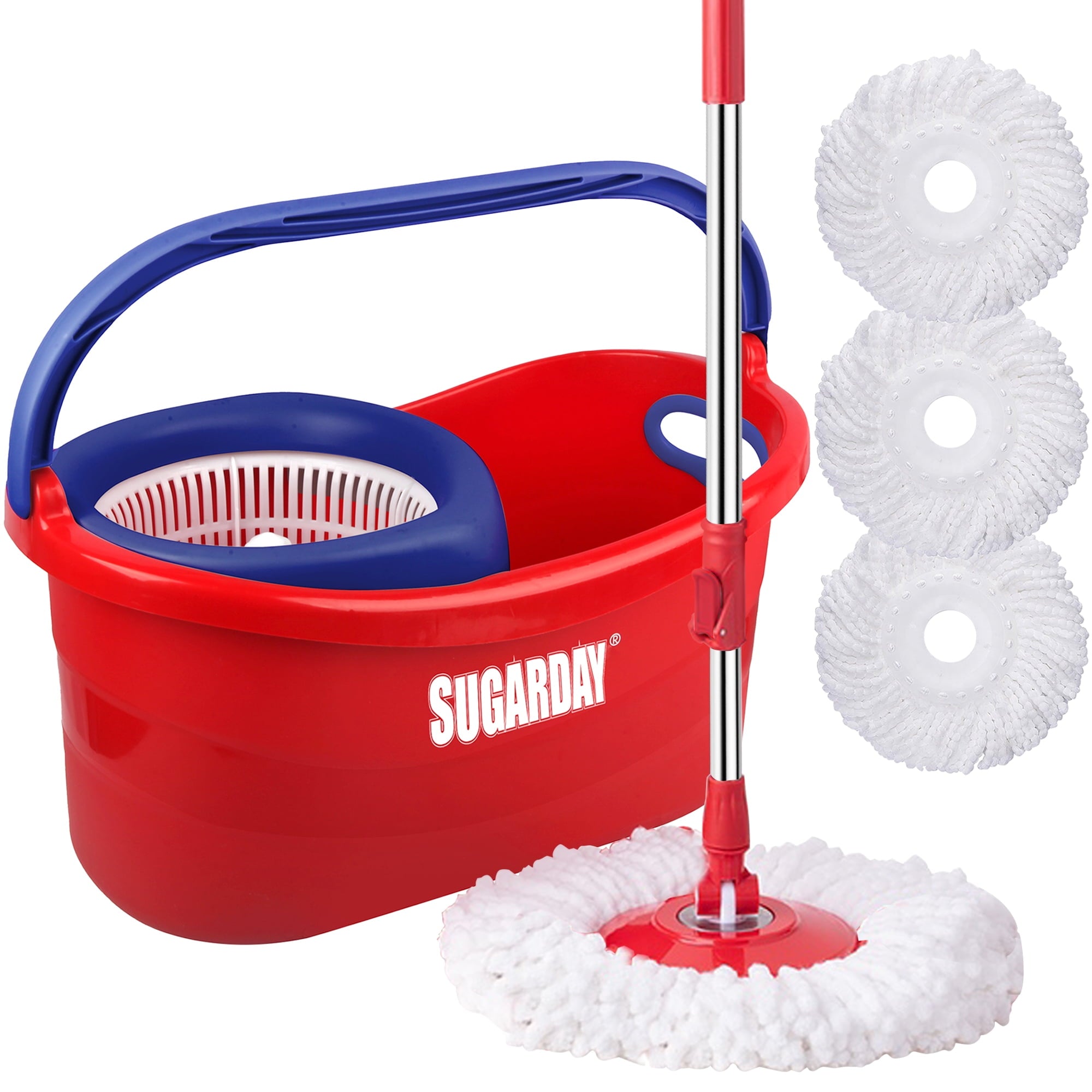 SUGARDAY Spin Mop and Bucket System with Wringer Set for Floors with 3 Microfiber Mop Heads, Red