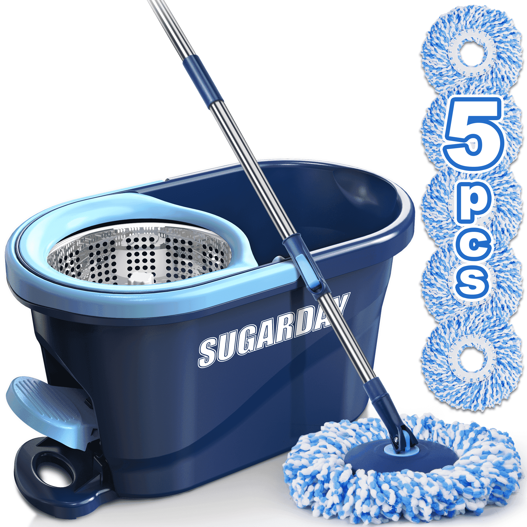 SUGARDAY Spin Mop and Bucket with Wringer Set for Floors Cleaning Heavy duty System, Blue
